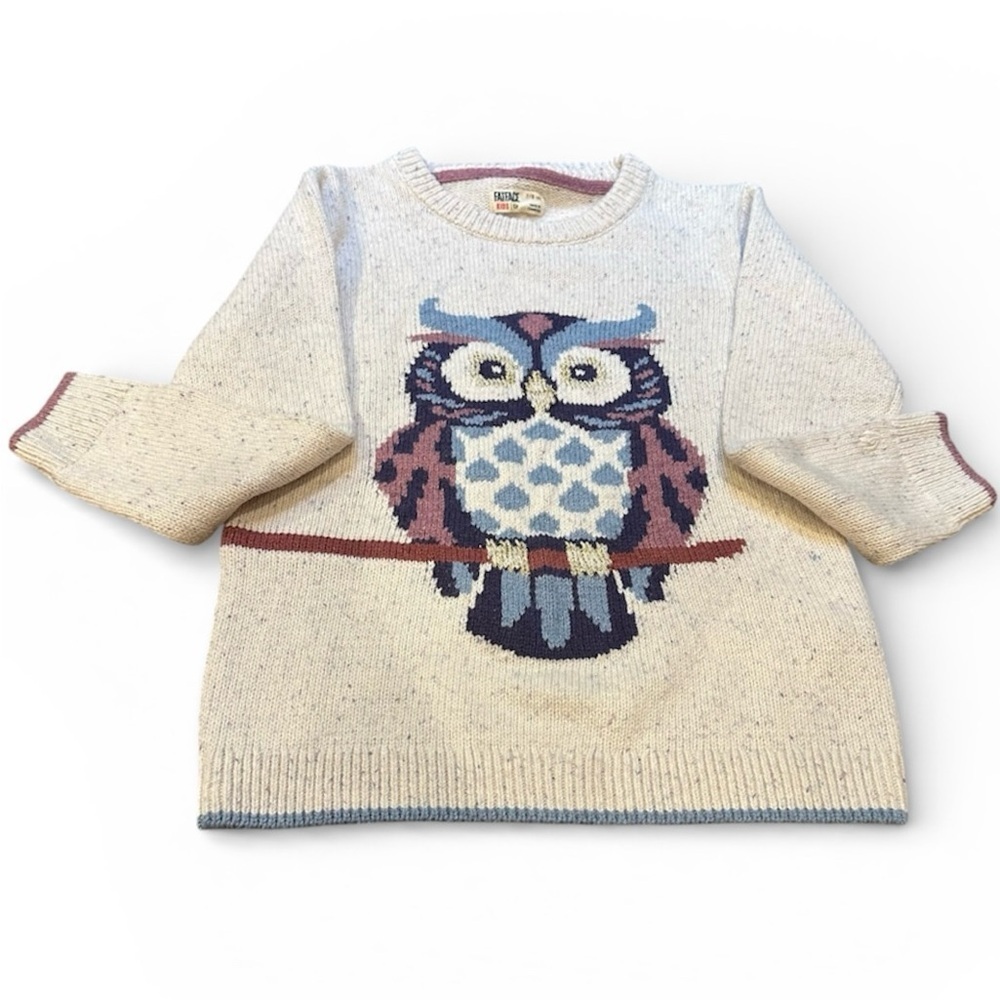 Fat Face Kids Cream and Purple Owl Sweater 7//8